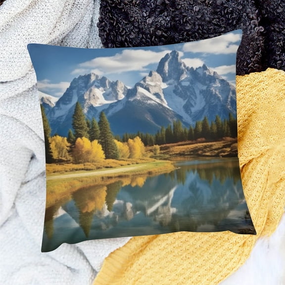 Pratyus Home Decor Throw Pillows Cover with Mountain Range Lake Trees Theme - Set of 1 - No Insert - Soft Linen - Hidden Zipper Closure - Home Sofa Couch Decorative Accent 18x18in