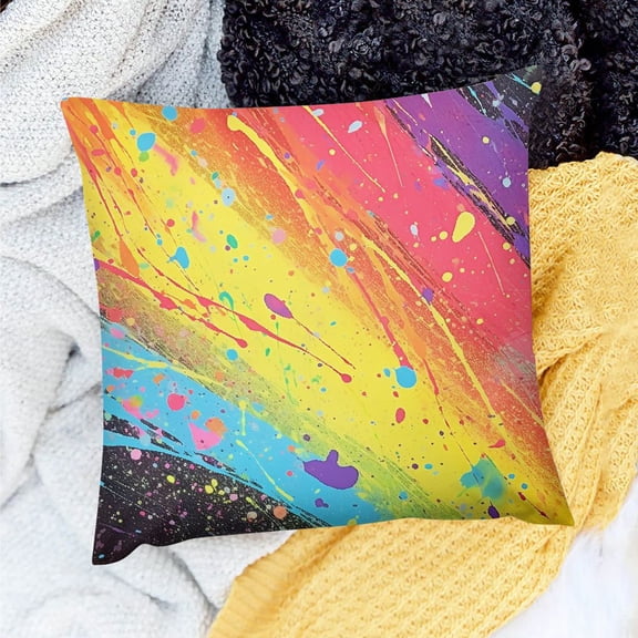 Pratyus Home Decor Throw Pillows Cover Rainbow Colors Paint Splatter Graffiti for Sofa Couch, Set of 1, Linen Material 18x18in