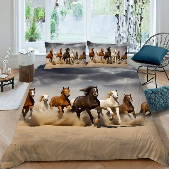 Pratyus Horses 3-Piece Bedding Set (Single-Sided Print) Comfortable and Breathable Peach Skin Fabric Bedroom Guest Room 87x68in