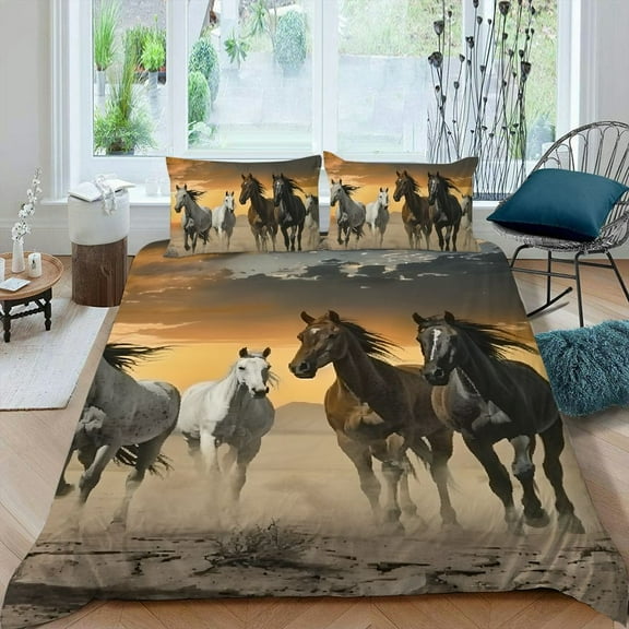Pratyus Horses Desert Sunset 3-Piece Bedding Set Lightweight and Soft Peach Skin Fabric Bedroom Guest Room 87x68in