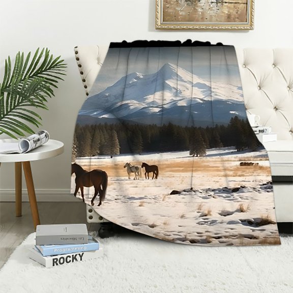 Pratyus Horses Mountains Winter Theme Super Soft Flannel Blanket for Bed Sofa Living Room Decor Lightweight Blanket for All Seasons Long-lasting Blanket 40x50in