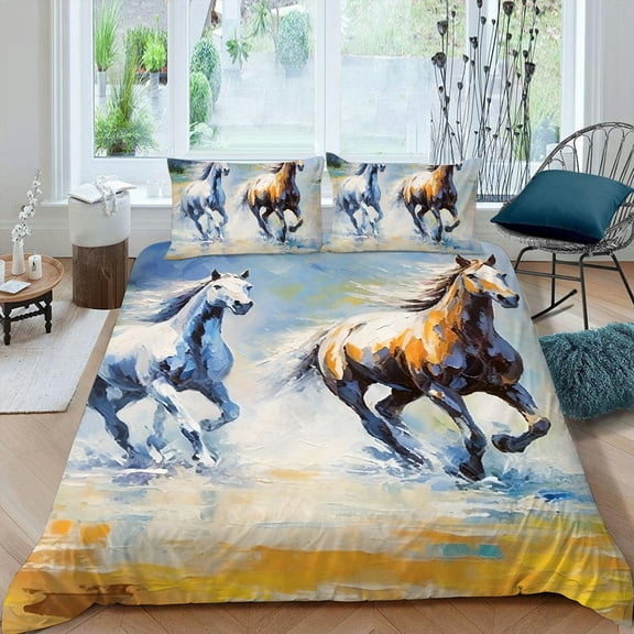 Pratyus Horses Running Water 3-Piece Bedding Set Lightweight and Soft Peach Skin Velvet Bedroom; Guest Room Decor 87x68in