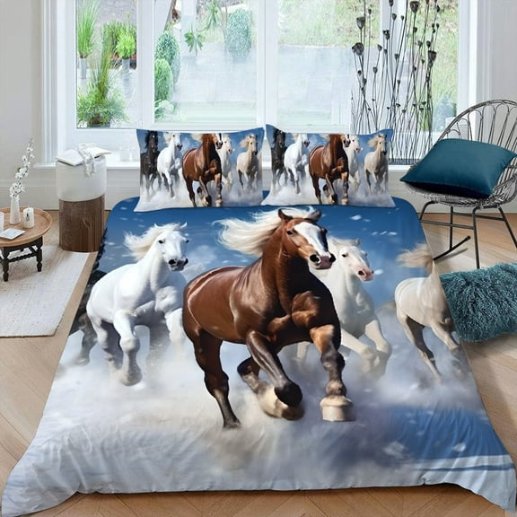 Pratyus Horses Snow Running 3-Piece Bedding Set (Single-Sided Print) Comfortable and Breathable Peach Skin Velvet Bedroom Guest Room 87x68in