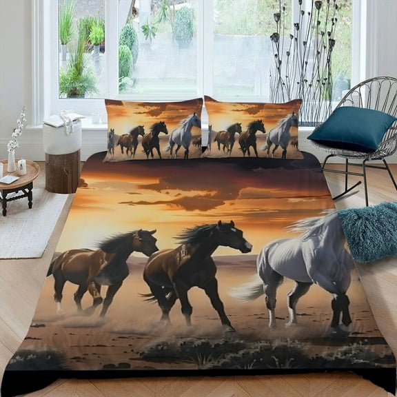 Pratyus Horses Sunset Desert 3-Piece Bedding Set, High Quality Sleep, Peach Skin Fabric, Bedroom; Guest Room 87x68in