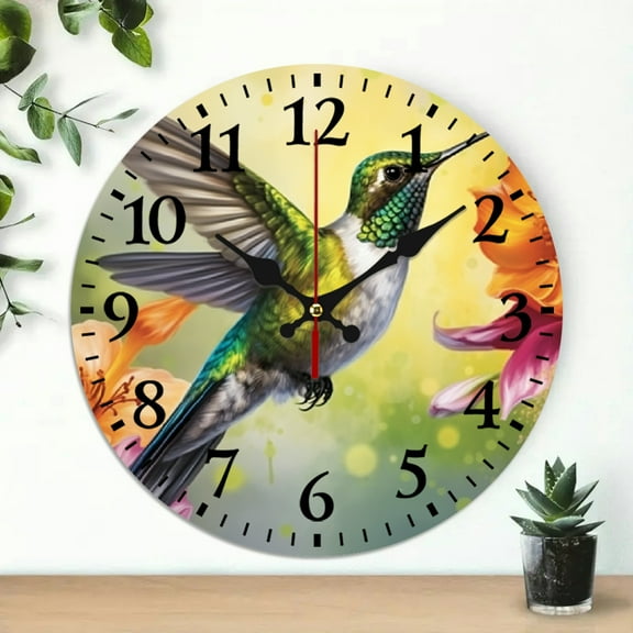 Pratyus Hummingbird Flowers Round Wooden Wall Clock for Home Decor - Ideal Wall Art Decor for Living Rooms, Kitchens, and Dorms - Practical Everyday Gift 10x10in
