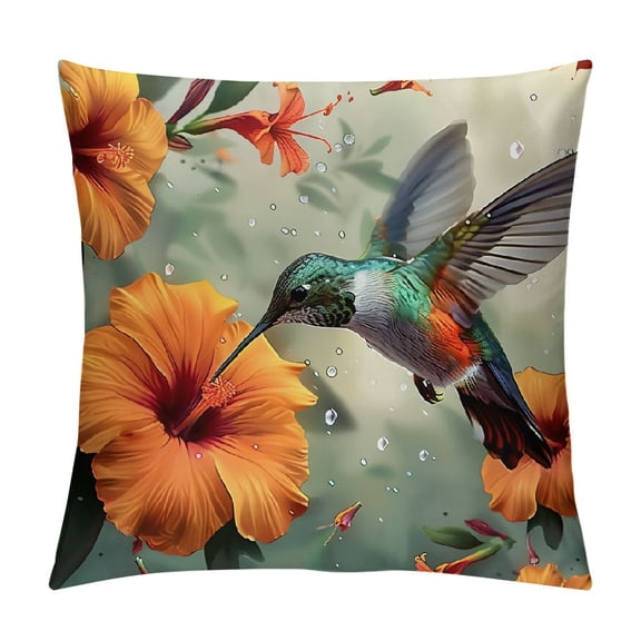 Pratyus Hummingbird Flowers Water Droplets Square Pillow Cover Case for Cushions Sofa Bed Outdoor Decoration Home Decor Short Plush 1PC 12x12in