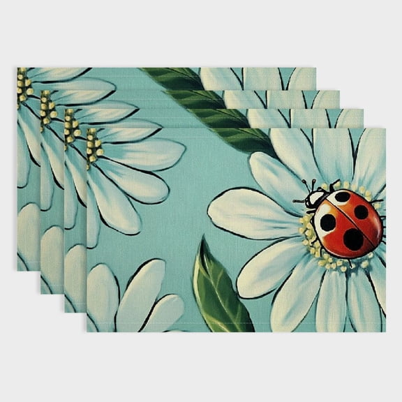 Pratyus Ladybug Flower Leaves Linen Cloth Placemat Set of 4 for Dining Tables, Kitchen, Restaurants - Heat Resistant, Easy to Clean - Ideal for Birthday Parties, Christmas, Home Decoration 18x12in