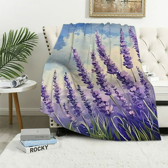 Pratyus Lavender Flowers Print Flannel Throw Blanket for Bed Sofa, All Seasons Lightweight Soft Blanket, Perfect Gift Idea 50x60in
