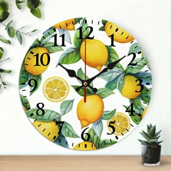 Pratyus Lemons Leaves Round Wooden Wall Clock Home Decor Silent Mechanism 10-Inch Frameless Analog Clock for Living Rooms, Kitchens, Dorms, Perfect Everyday Gifts 10x10in