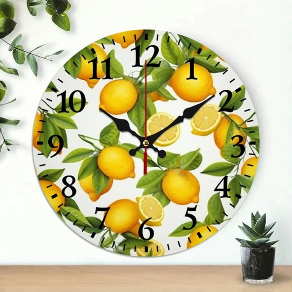 Pratyus Lemons Leaves Yellow Wall Clock Battery Operated 10 inches, Silent Non-Ticking Decor for Living Rooms, Kitchens, Dorms - Perfect Everyday Gifts 10x10in
