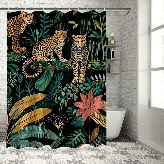 Pratyus Leopards Plants Jungle Print Shower Curtain, Background Curtain for Showers and Bathtubs, 100% Polyester Fiber, Washable, Bathroom Decoration, with Hooks 36x72