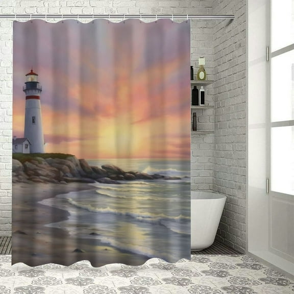 Pratyus Lighthouse Beach Sunset Quick-Drying Shower Curtain Set for Bathroom with Hooks, Polyester Fiber, Chic Modern Bathroom Decor - Home Bathtubs Bathroom Curtain Decoration 69x72