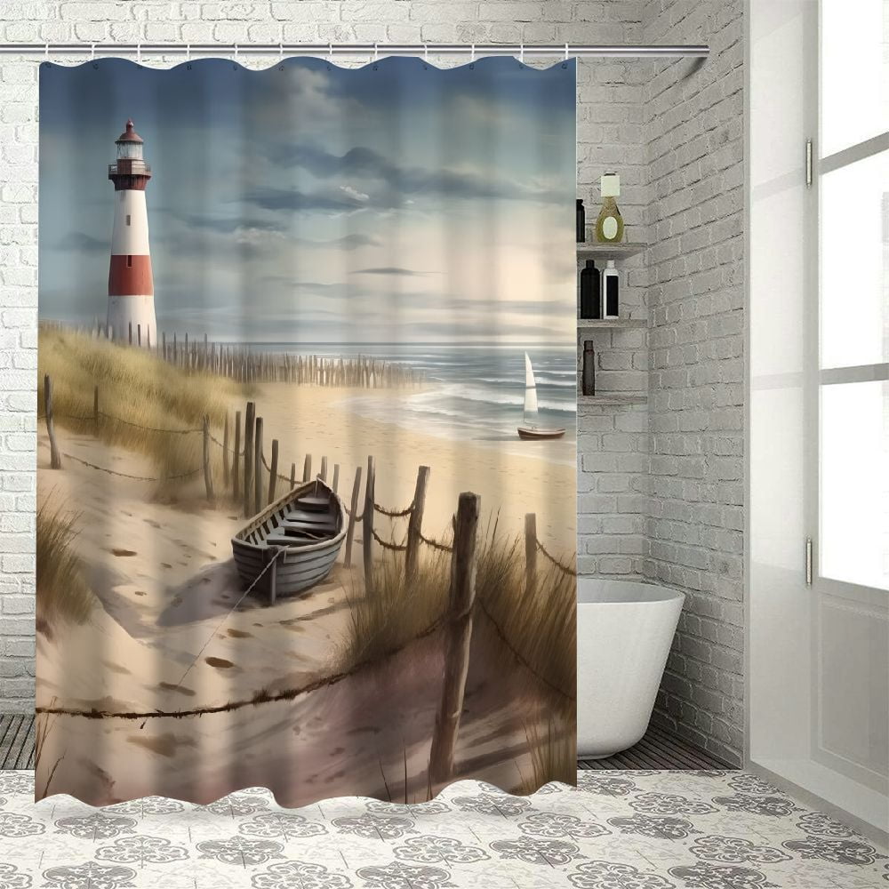 Pratyus Lighthouse Boat Fence Fabric Shower Curtain with Hooks, Polyester Bathroom Decor Set for Shower/Bathtub, Waterproof & Quick Drying, Various Sizes 60x72