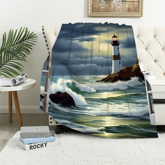 Pratyus Lighthouse Ocean View Print Throw Blanket, Lightweight Blanket for Bed Sofa Living Room Decor, All Seasons Super Soft Blanket 40x50in