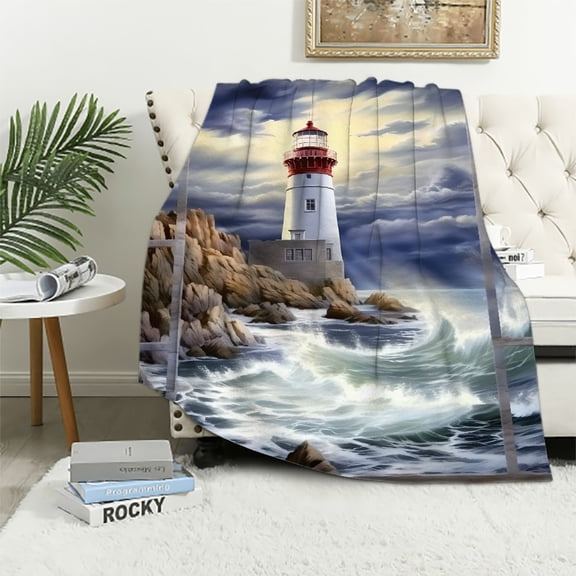 Pratyus Lighthouse Rocky Coast Ocean Print Flannel Throw Blanket for Bed Sofa All Seasons Decor, Lightweight & Anti-Wrinkle 60x80in