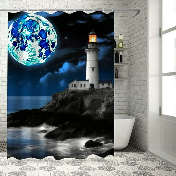 Pratyus Lighthouse Rocky Shore Full Moon Quick-Drying Shower Curtain Set for Bathroom 100% Polyester Fiber with Hooks 69x72