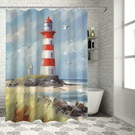 Pratyus Lighthouse Seagulls Beach Shower Curtain Set Waterproof Bath Decor Polyester Fiber Bathroom Curtain with Hooks 60"x72