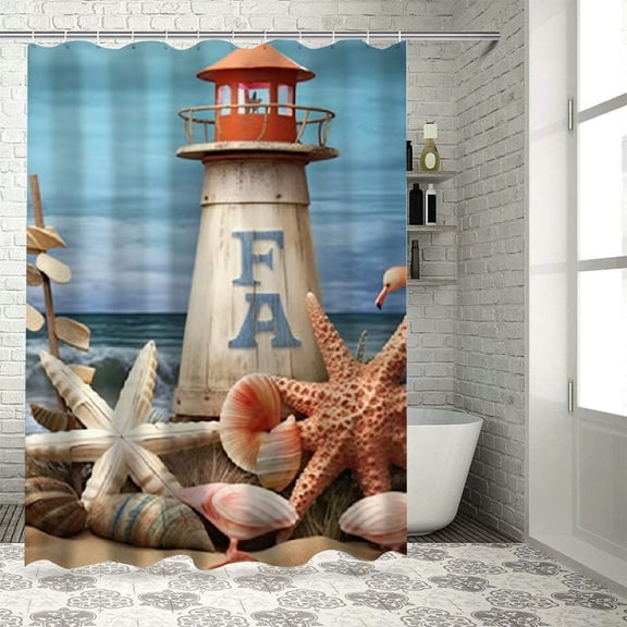 Pratyus Lighthouse Shells Beach Shower Curtain Waterproof Bath Decor Polyester Bathroom Set with Hooks Washable Shower Curtain 69"x72