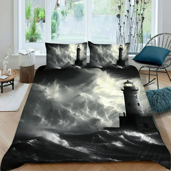 Pratyus Lighthouse Storm Gothic Art 3-Piece Bedding Set Lightweight and Soft Peach Skin Velvet Bedroom Guest Room 87x68in