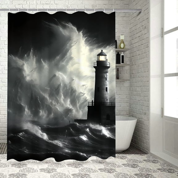 Pratyus Lighthouse Storm Gothic Art Shower Curtain with Hooks, Cloth Fabric Bathroom Decor Set 100% Polyester Waterproof Shower Curtain Set 36x72