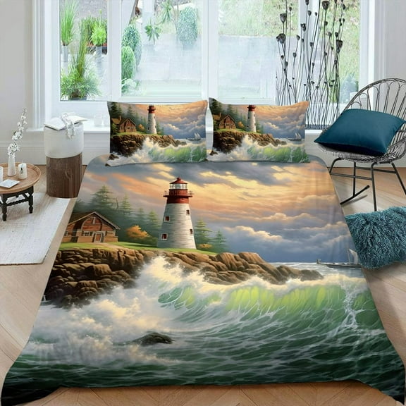 Pratyus Lighthouse Waves Sailboat 3-Piece Bedding Set - High-Quality Sleep, Peach Skin Fabric, Bedroom, Guest Room 87x68in