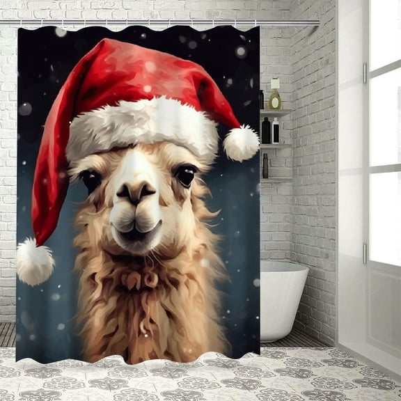 Pratyus Llama Santa Hat Snow Printed Shower Curtain Sustainable Chic Bathroom Decor Set with Hooks Various Sizes Easy Installation High Definition Digital Printing 69x72