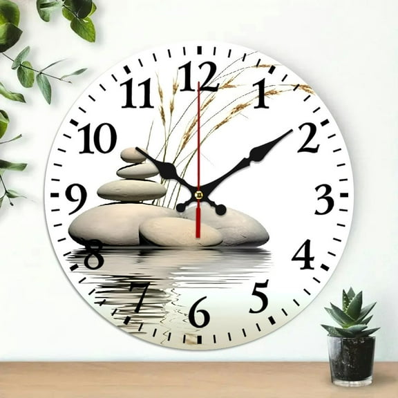 Pratyus Loomarte Spa Zen Stone with Aquatic Pictures Wall Clock Decor 10 Inch Round Analog Clock for Living Room, Bedroom, Kitchen, Bathroom, Office - Battery Operated Silent Clock 10x10in