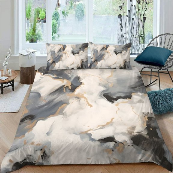 Pratyus Marble Black White Design 3-Piece Bedding Set (1 Duvet Cover + 2 Pillow Shams) Zipper Closure, Single Sided Printing, Peach Skin Fabric, Bedroom; Guest Room 87x68in
