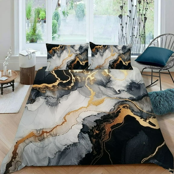 Pratyus Marble Gold Black 3-Piece Bedding Set (Single-Sided Print) Comfortable and Breathable Peach Skin Velvet Bedroom; Guest Room 87x68in