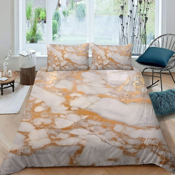 Pratyus Marble Gold White Design 3-Piece Bedding Set Lightweight Soft Peach Skin Fabric Bedroom Guest Room Modern Trendy Decor Gift Option 87x68in