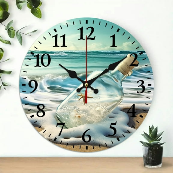 Pratyus Message in a Bottle Waves Ocean Wall Clock Wall Hanging Decor 10 Inches, Silent Analog Decorative Clock for Living Room 10x10in