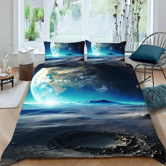 Pratyus Moon Earth Horizon 3-Piece Bedding Set (Single-Sided Print) High-Quality Sleep Peach Skin Velvet Bedroom; Guest Room 87x68in