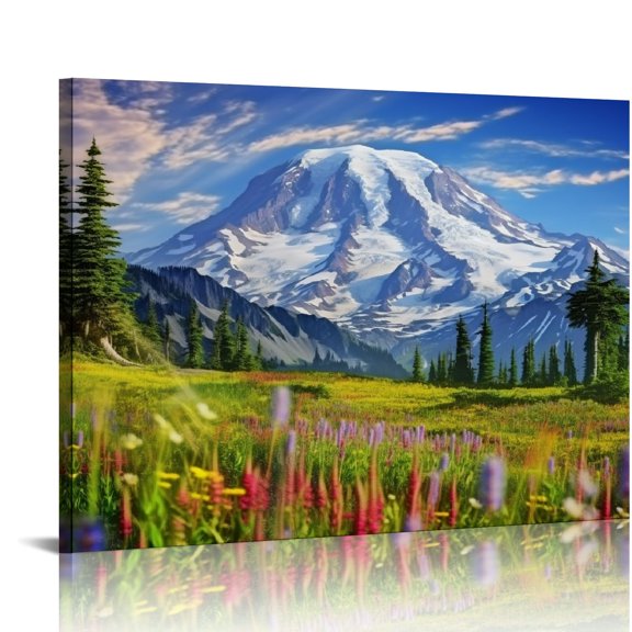 Pratyus Mount Rainier and Wildflowers Canvas Artwork with Cascade Mountain Landscape for Home Decor - Nature Wilderness Scenery Wall Hangings for Bedroom and More 16x12in