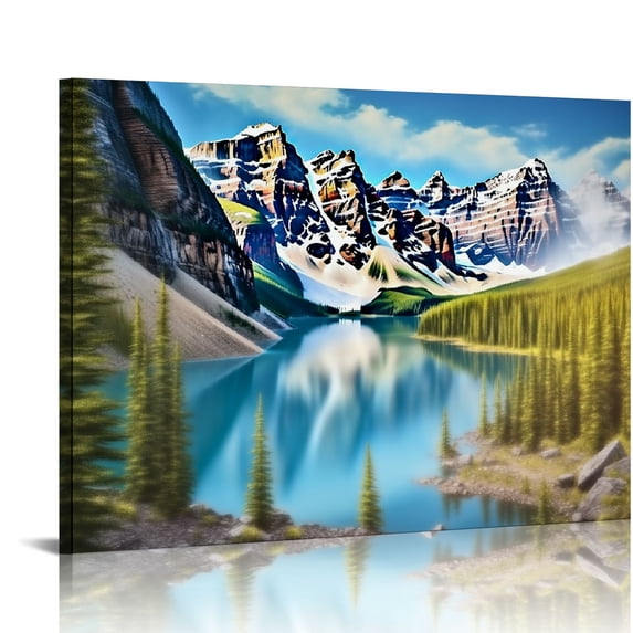 Pratyus Mountain Lake Pine Trees Blue Sky Canvas Wall Decor for Bedroom Kitchen Ready To Hang Art 16x12in