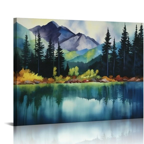 Pratyus Mountain Lake Trees Canvas Print Decor Ready to Hang Home Art 16x12in