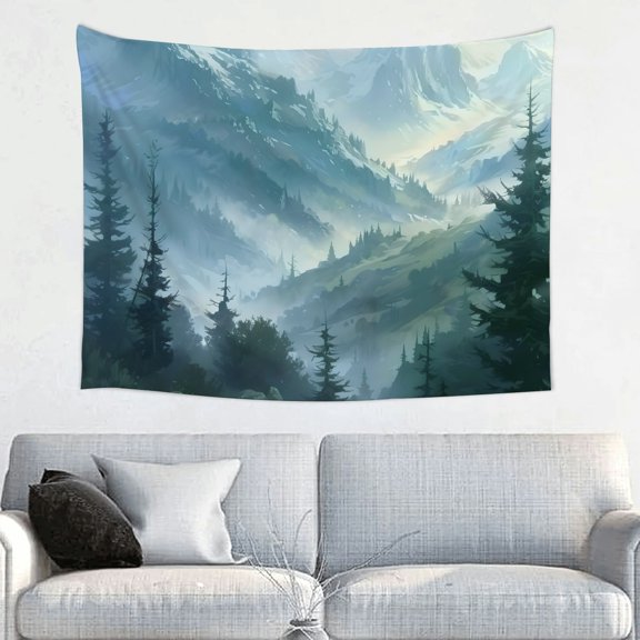 Pratyus Mountain Pine Trees Fog Home Wall Tapestry Art 100% Polyester Wall Hanging Decorative Bedroom Living Room Decoration 40x30in