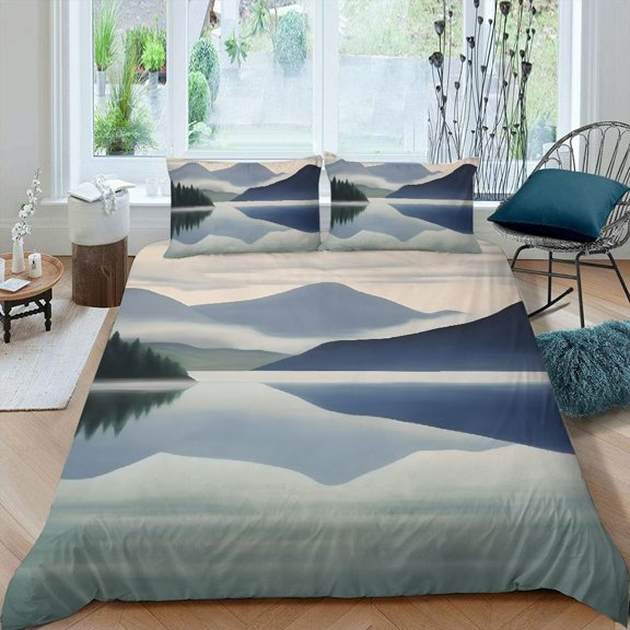Pratyus Mountain Range Lake Foggy Sky 3-Piece Bedding Set Lightweight and Soft Peach Skin Velvet Bedroom Guest Room 87x68in