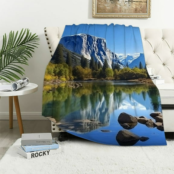 Pratyus Mountain Range Lake Trees Print Flannel Throw Blanket Bed Sofa Living Room Decor All Seasons Lightweight Blanket 40x50in