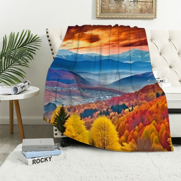 Pratyus Mountain Range Trees Clouds Print Flannel Throw Blanket All Seasons Lightweight Cozy Exquisite Gift 60x80in