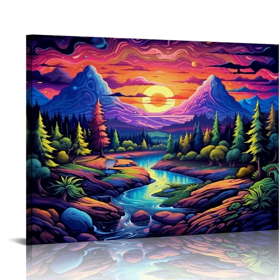 Pratyus Mountain River Full Moon Canvas Art Modern Prints for Wall Decor Ready To Hang Room Home Art Decor 16x12in