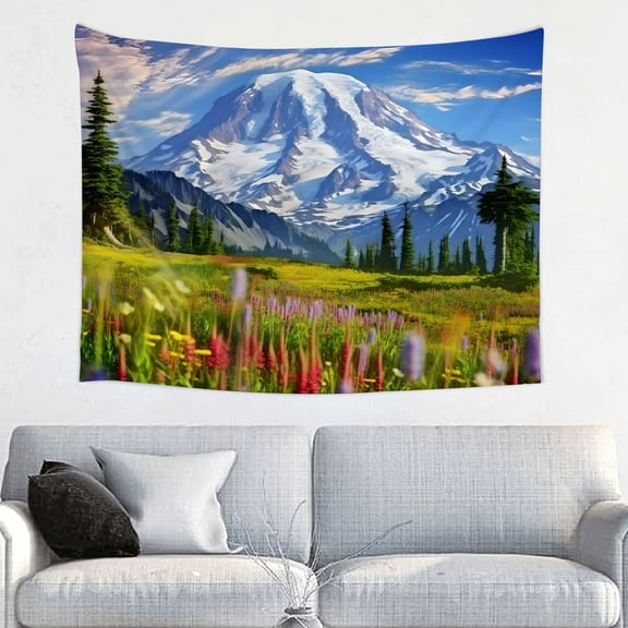 Pratyus Mountain Snow Capped Peak Wildflowers Wall Art Tapestry 100% Polyester Hanging Decor for Bedroom Living Room 40x30in