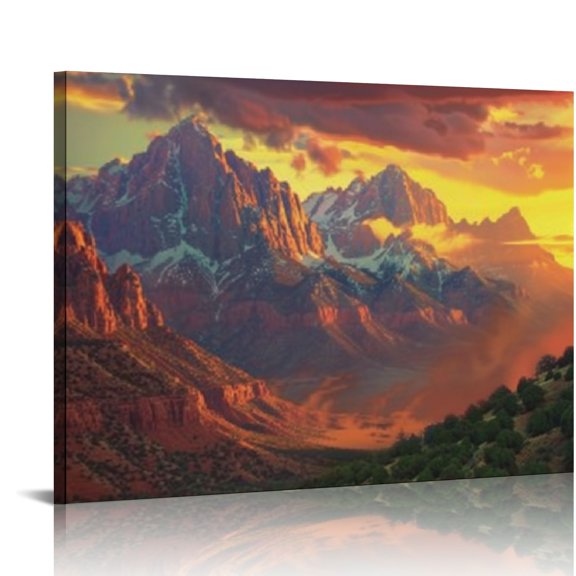 Pratyus Mountain Sunset Clouds Canvas Wall Art Decor Ready To Hang For Home Bedroom Kitchen - Ideal Gift Ideas Included 16x12in