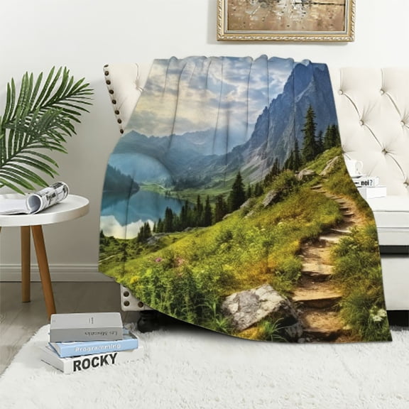 Pratyus Mountain Trail Lake Cloudy Sky Throw Blanket Gifts for Women Children Soft Cozy Plush All Seasons Comfort 40x50in