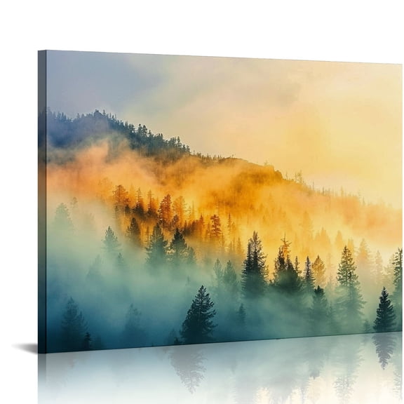 Pratyus Mountain Trees Fog Canvas Print Wall Decor for Bathroom - Home Art Decor for Living Room, Bedroom, Office, Hotel - Ideal Gift for Various Occasions 16x12in