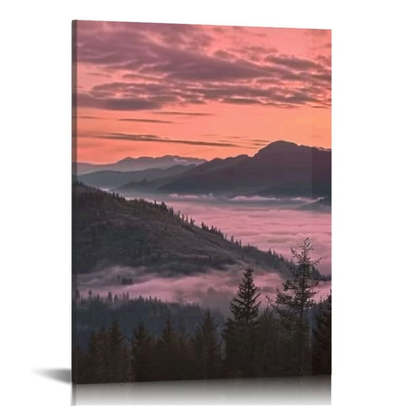 Pratyus Mountain Trees Pink Sky Canvas Wall Art Decor Ready to Hang - Home Decoration for Living Room Bathroom Bedroom Office 12x16in
