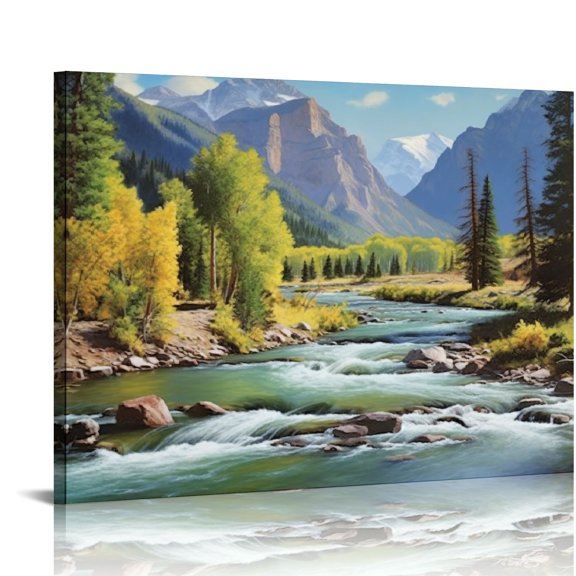 Pratyus Mountains River Trees Canvas Prints Wall Art Decor | Ready To Hang Room Home Art | Ideal Gift Choice 16x12in