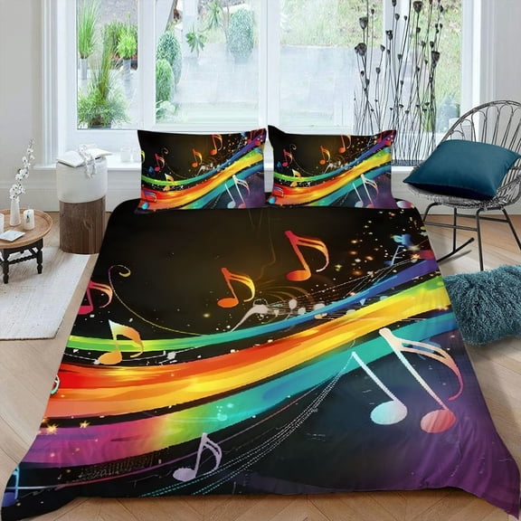Pratyus Music Notes Rainbow Colors Black Background 3-Piece Bedding Set (1 Duvet Cover + 2 Pillow Shams) - Zipper Closure - Single Sided Printing - Peach Skin Fabric - Bedroom; Guest Room 87x68in