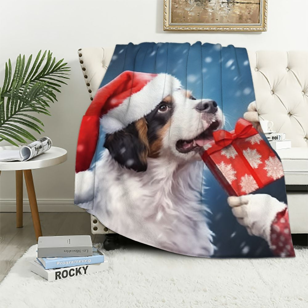 Pratyus Naive Art Dog Flannel Throw Blanket for Couch Sofa Bed, Home Decor, All Seasons Comfort, Christmas Theme 60x80in