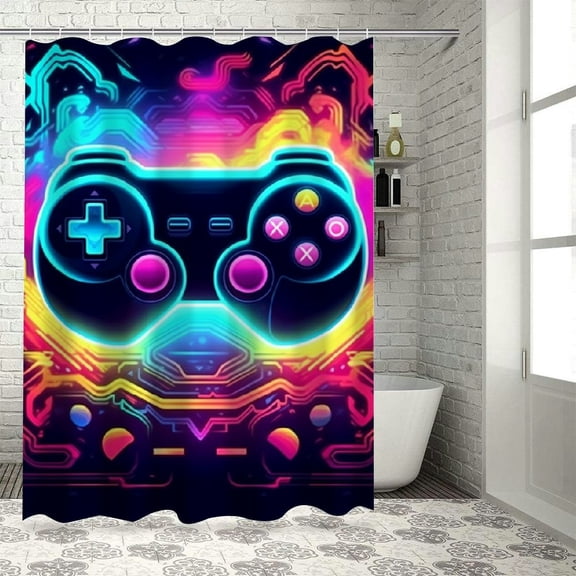 Pratyus Neon Glow Pixel Art Printed Shower Curtain, Sustainable Polyester Fiber Bathroom Decoration with Hooks, Various Sizes Available 60x72