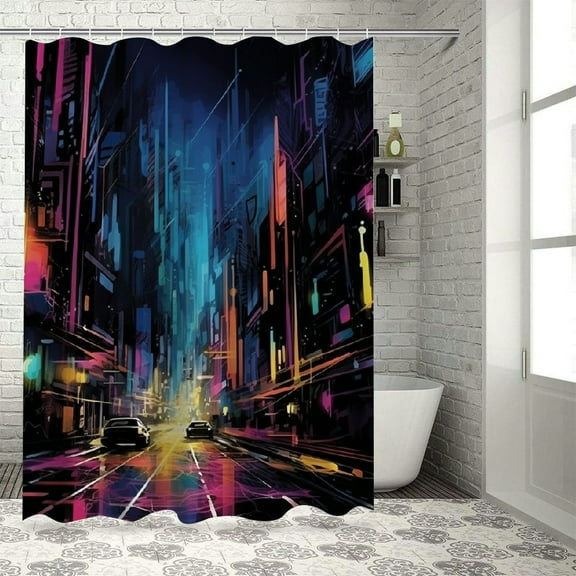 Pratyus Neon Lights Cyberpunk City Printed Shower Curtain Decor with Hooks, 100% Polyester Fiber, Home Bathroom Decoration Set 36x72